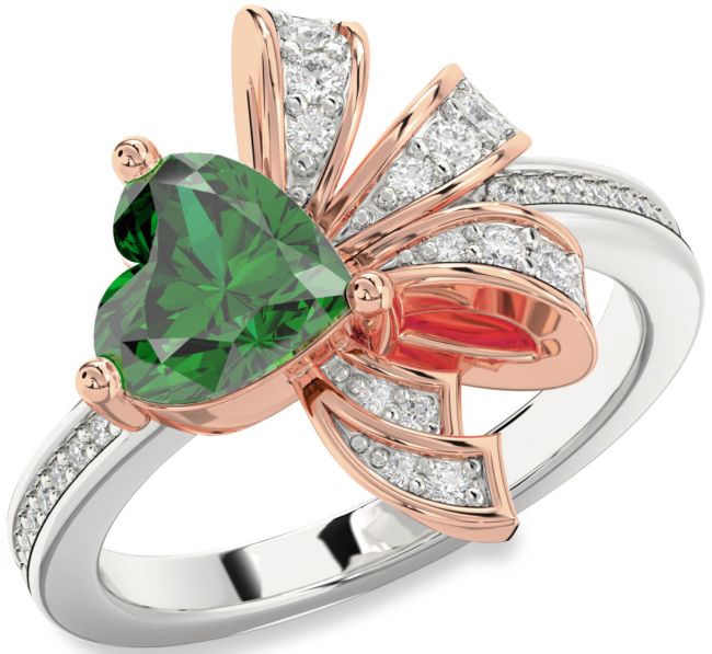 Diamond Emerald Silver & 10K Rose Gold Heart Pave Promise Ring