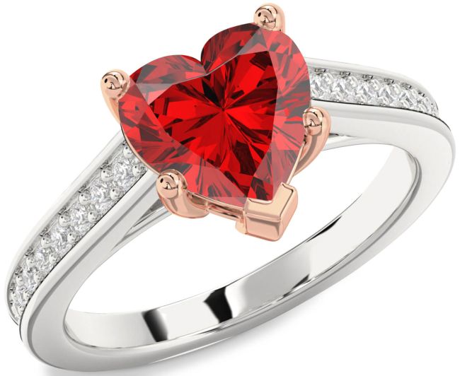 Diamond Ruby Rose Gold Silver Heart Solitaire Pave Engagement Ring