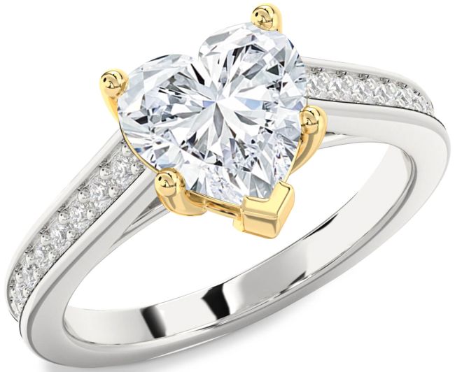 Diamond Silver & 10K gold Heart Solitaire Pave Engagement Ring