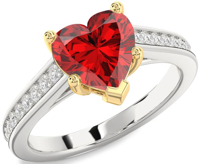 Diamond Ruby White Yellow Gold Heart Solitaire Pave Engagement Ring