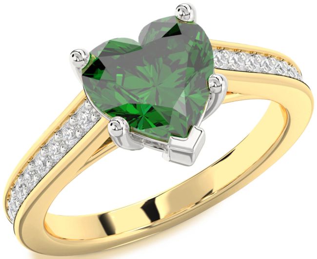 Diamond Emerald Platinum & Yellow Gold Heart Solitaire Pave Engagement Ring