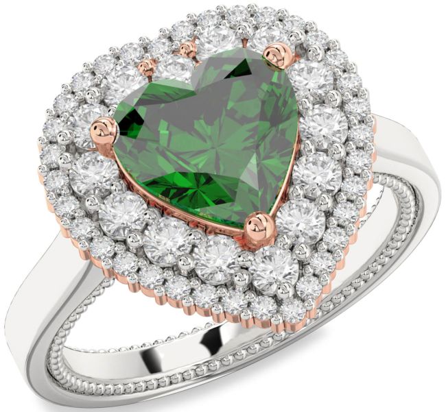 Diamond Emerald White Rose Gold Heart Halo Engagement Ring