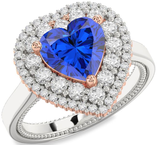 Diamond Blue Sapphire Silver & 10K Rose Gold Heart Halo Engagement Ring