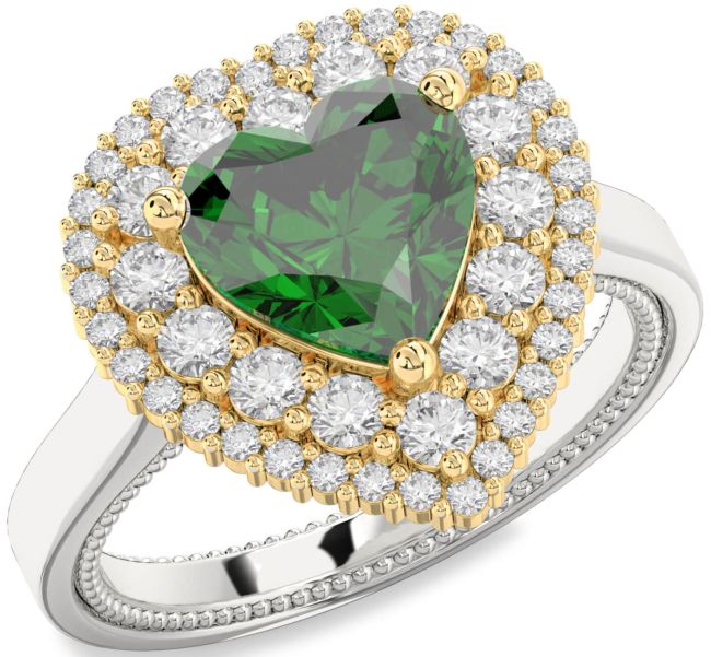 Diamond Emerald Platinum & Yellow Gold Heart Halo Engagement Ring