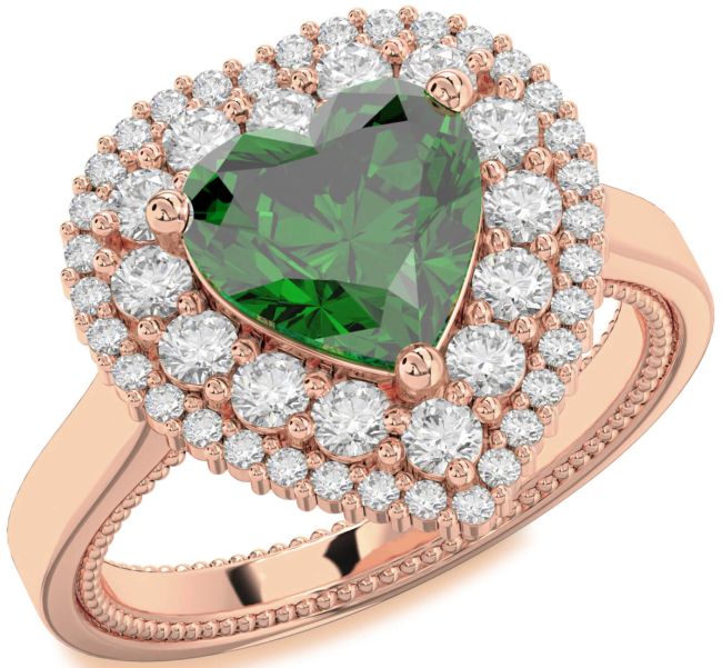 Diamond Emerald Rose Gold Silver Heart Halo Engagement Ring