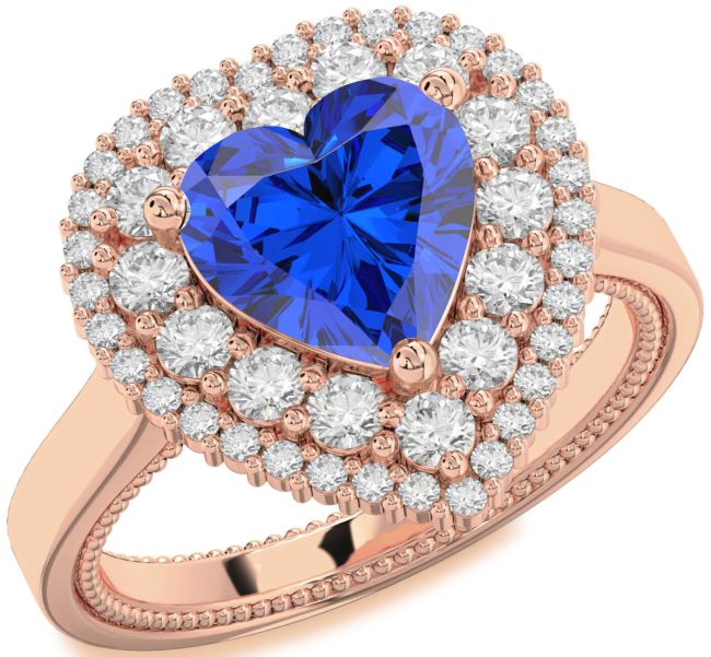Diamond Blue Sapphire Rose Gold Silver Heart Halo Engagement Ring