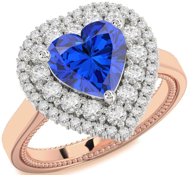 Diamond Blue Sapphire Platinum & Rose Gold Heart Halo Engagement Ring