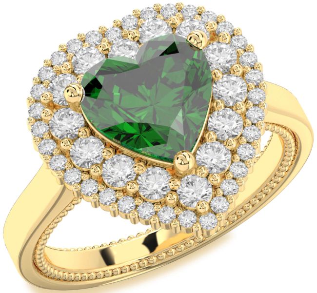 Diamond Emerald Gold Heart Halo Engagement Ring
