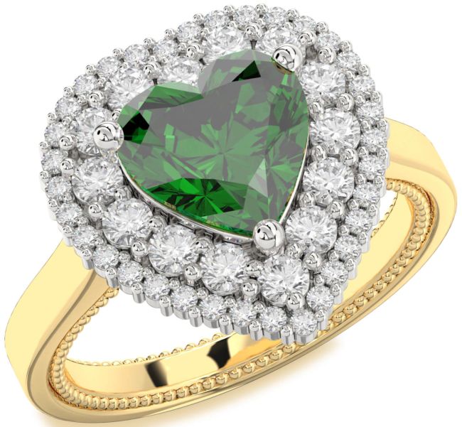 Diamond Emerald White Yellow Gold Heart Halo Engagement Ring