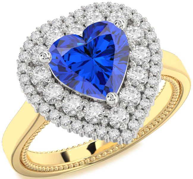 Diamond Blue Sapphire Platinum & Yellow Gold Heart Halo Engagement Ring