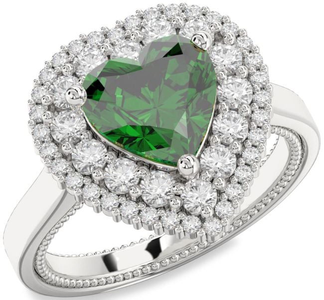 Diamond Emerald Platinum Heart Halo Engagement Ring