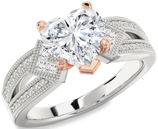 Diamond Silver & 10K Rose Gold Heart Vintage Engagement Ring