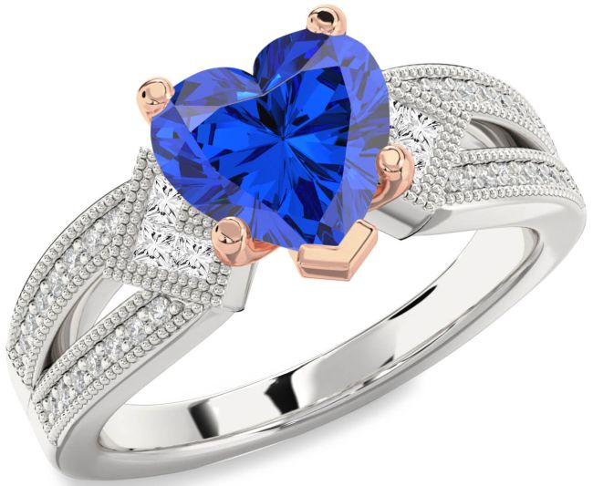 Diamond Blue Sapphire Platinum & Rose Gold Heart Vintage Engagement Ring