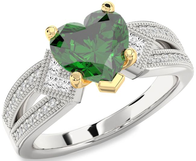 Diamond Emerald Silver & 10K gold Heart Vintage Engagement Ring
