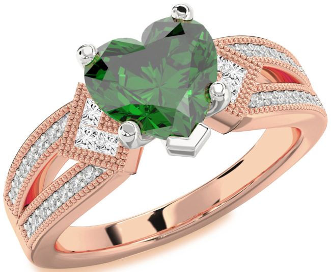 Diamond Emerald Platinum & Rose Gold Heart Vintage Engagement Ring