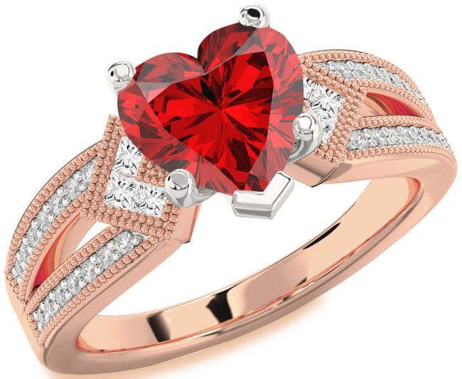 Diamond Ruby Rose Gold Silver Heart Vintage Engagement Ring