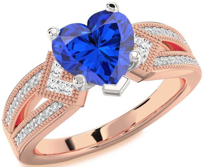 Diamond Blue Sapphire White Rose Gold Heart Vintage Engagement Ring