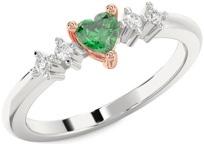 Diamond Emerald Silver & 10K Rose Gold Heart Promise Ring