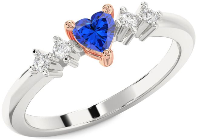 Diamond Blue Sapphire Rose Gold Silver Heart Promise Ring
