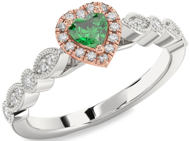 Diamond Emerald Silver & 10K Rose Gold Heart Promise Ring