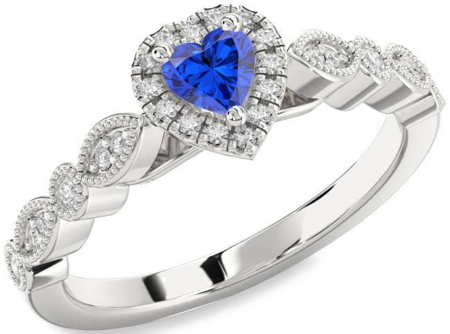 Diamond Blue Sapphire Silver Heart Promise Ring