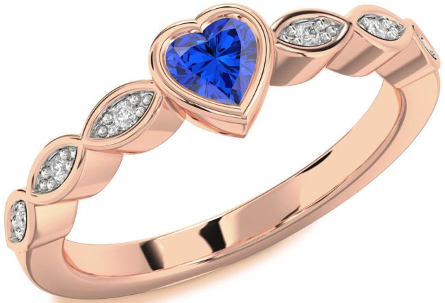 Diamond Blue Sapphire Rose Gold Silver Heart Promise Ring