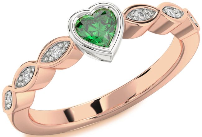 Diamond Emerald Platinum & Rose Gold Heart Promise Ring