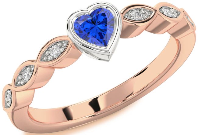 Diamond Blue Sapphire Rose Gold Silver Heart Promise Ring