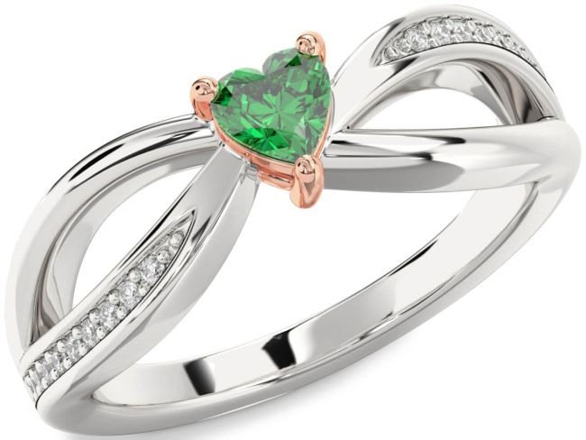 Diamond Emerald Silver & 10K Rose Gold Heart Promise Ring
