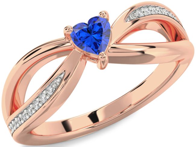 Diamond Blue Sapphire Rose Gold Silver Heart Promise Ring