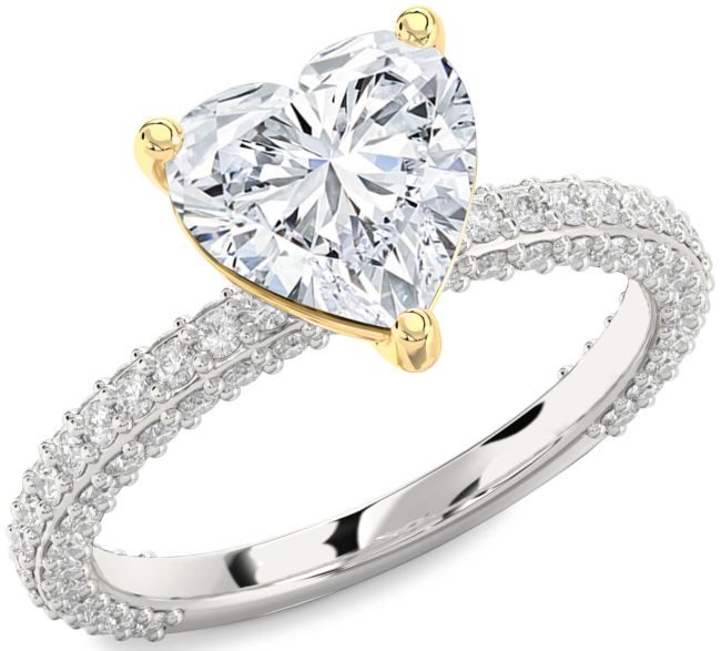 Diamond Silver & 10K gold Heart Solitaire Pave Engagement Ring