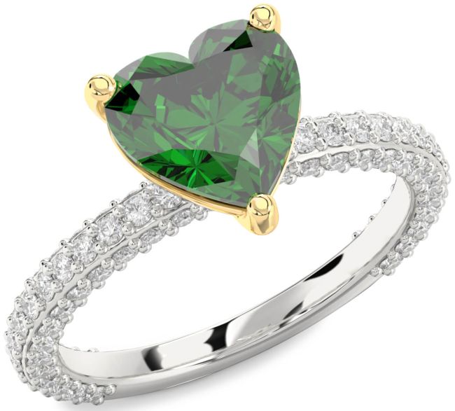 Diamond Emerald Silver & 10K gold Heart Solitaire Pave Engagement Ring