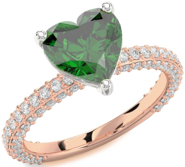 Diamond Emerald Platinum & Rose Gold Heart Solitaire Pave Engagement Ring