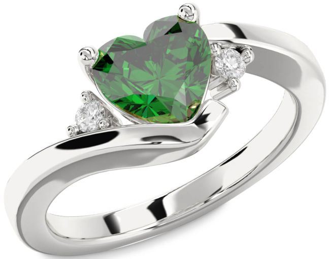 Diamond Emerald Platinum Heart Three Stone Engagement Ring