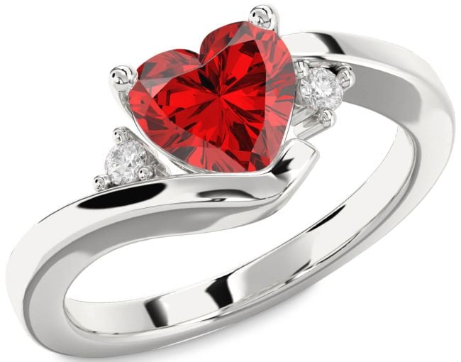 Diamond Ruby White Gold Heart Three Stone Engagement Ring