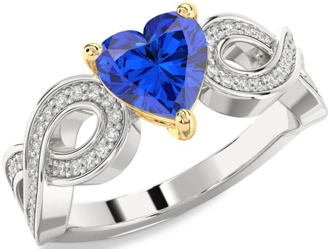 Diamond Blue Sapphire Silver & 10K gold Heart Infinity Solitaire Engagement Ring