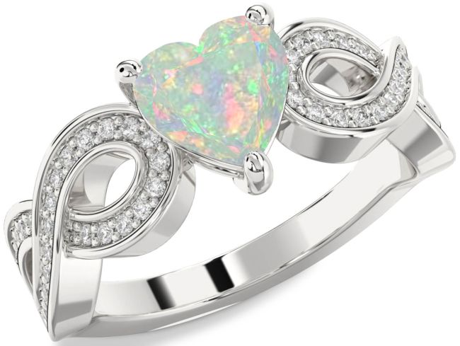 Diamond Opal Silver Heart Infinity Solitaire Engagement Ring