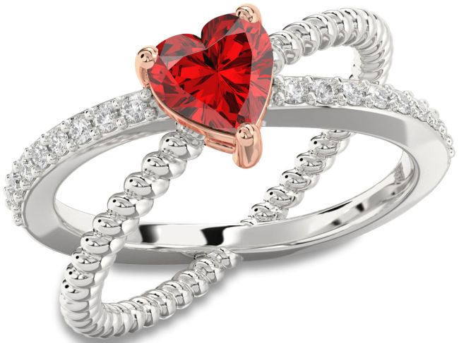 Diamond Ruby Rose Gold Silver Heart Solitaire Pave Engagement Ring