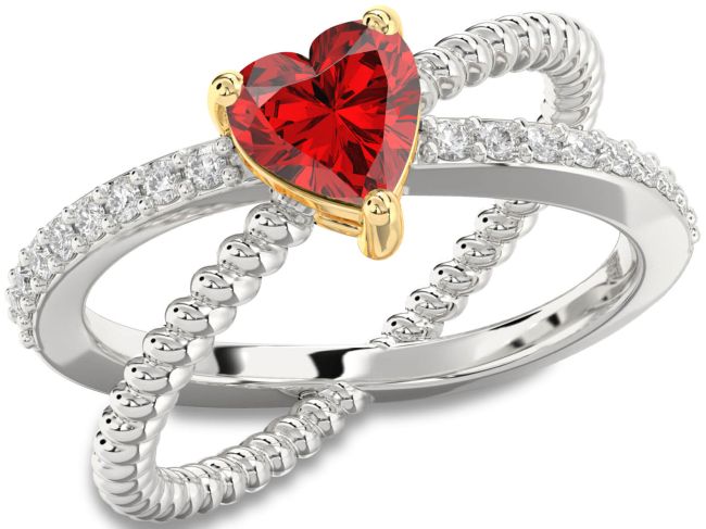 Diamond Ruby Silver & 10K gold Heart Solitaire Pave Engagement Ring