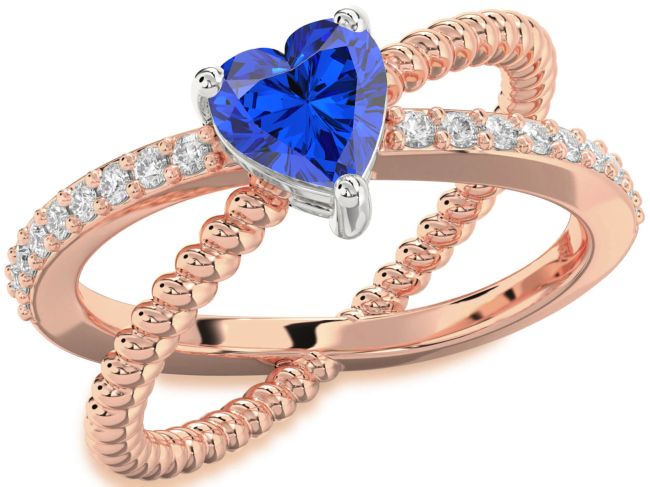 Diamond Blue Sapphire Rose Gold Silver Heart Solitaire Pave Engagement Ring