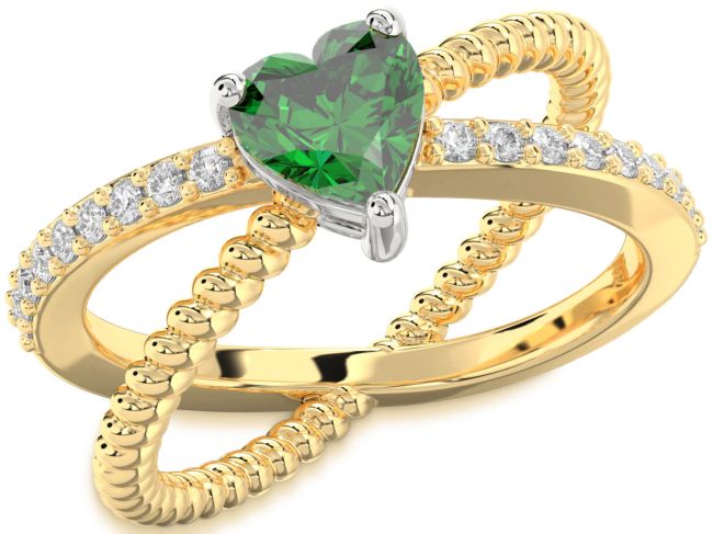 Diamond Emerald Platinum & Yellow Gold Heart Solitaire Pave Engagement Ring