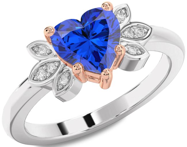 Diamond Blue Sapphire Rose Gold Silver Heart Solitaire Engagement Ring