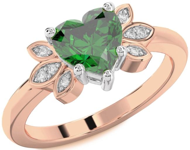 Diamond Emerald Rose Gold Silver Heart Solitaire Engagement Ring