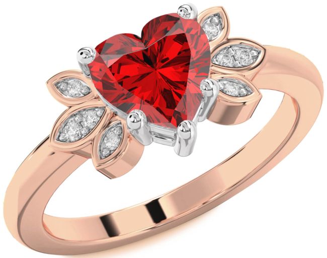 Diamond Ruby Rose Gold Silver Heart Solitaire Engagement Ring