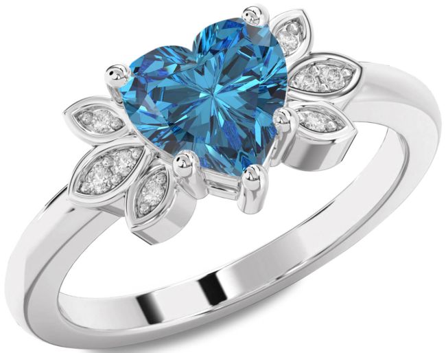 Blue Diamond Silver Heart Solitaire Engagement Ring
