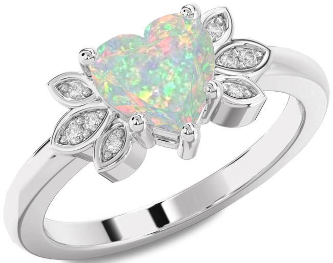 Diamond Opal Silver Heart Solitaire Engagement Ring