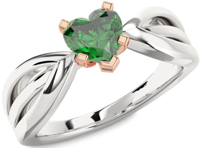 Emerald Silver & 10K Rose Gold Heart Solitaire Engagement Ring