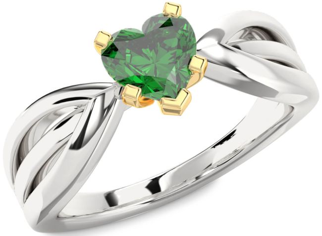 Emerald Silver & 10K gold Heart Solitaire Engagement Ring