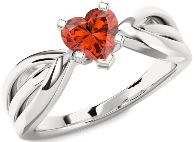 Fire Opal Silver Heart Solitaire Engagement Ring