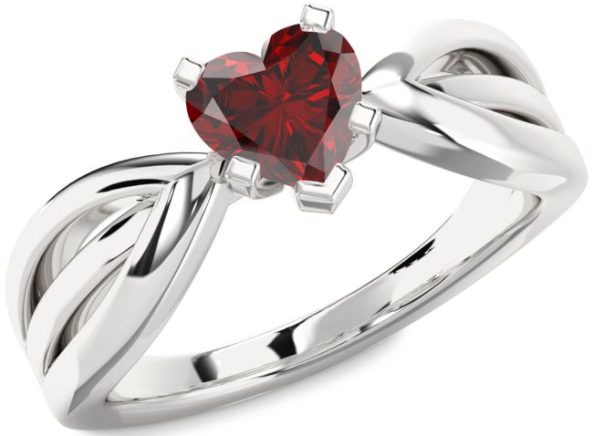 Garnet Silver Heart Solitaire Engagement Ring